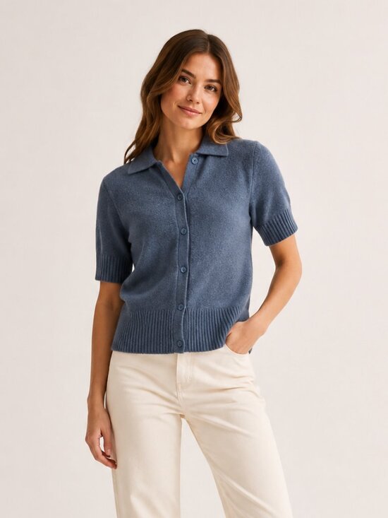 Abercrombie & Fitch Sweaters - Abercrombie Merino Wool Blue Short Sleeve Collared Cardigan Women’s M